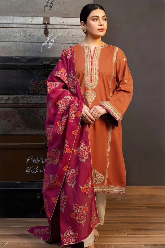 ZARA SHAHJAHAN.3PC LAWN EMBROIDERED SHIRT WITH MONARK PRINT DUPATTA AND TROUSER-D-3626