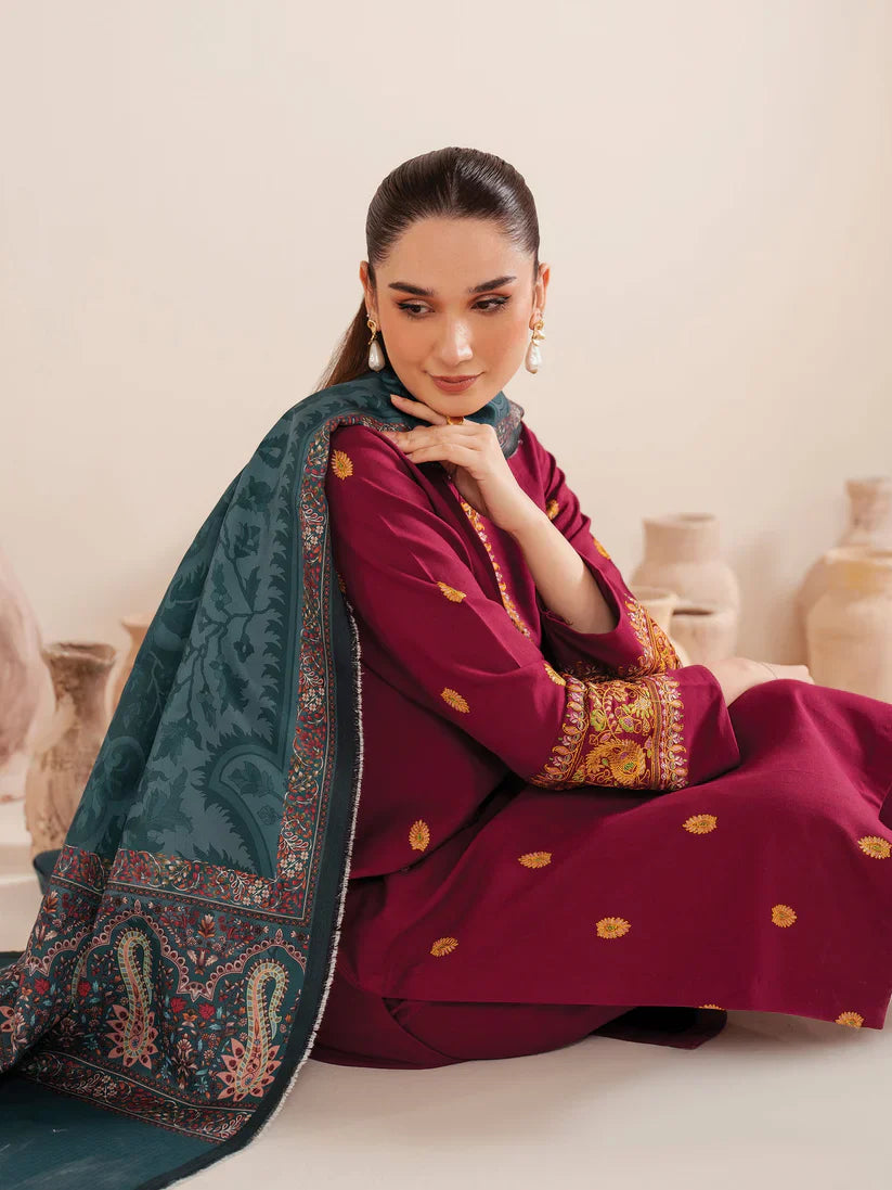 GARNET-3PC LAWN EMBROIDERED SHIRT WITH MONARK PRINT DUPATTA AND TROUSER-D-3535