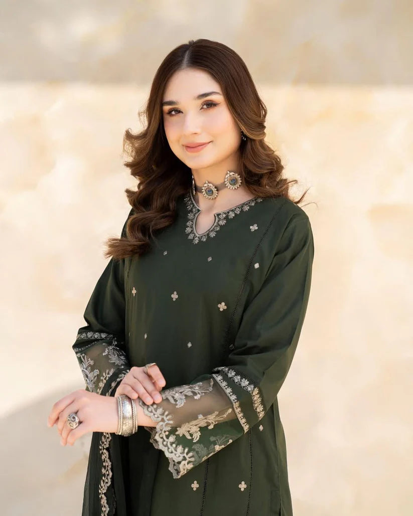 LAZULI-3PC LAWN EMBROIDERED SHIRT WITH CHIFFON EMBROIDERED DUPATTA AND TROUSER-D-3628