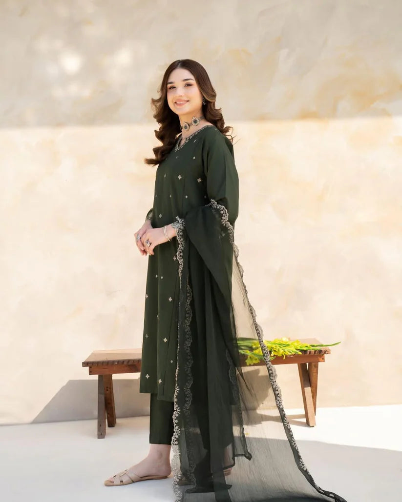 LAZULI-3PC LAWN EMBROIDERED SHIRT WITH CHIFFON EMBROIDERED DUPATTA AND TROUSER-D-3628