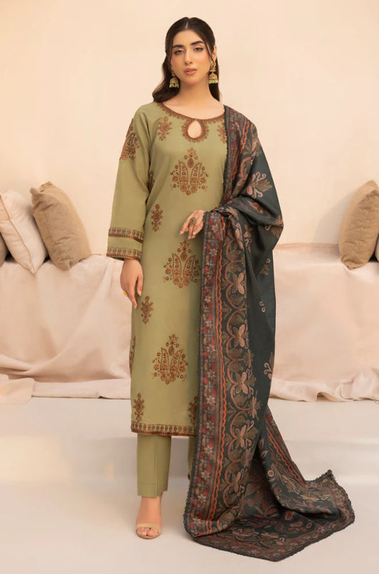 MOHAGNI.-3PC LAWN EMBROIDERED SHIRT WITH MONARK PRINT DUPATTA AND TROUSER-D-3579