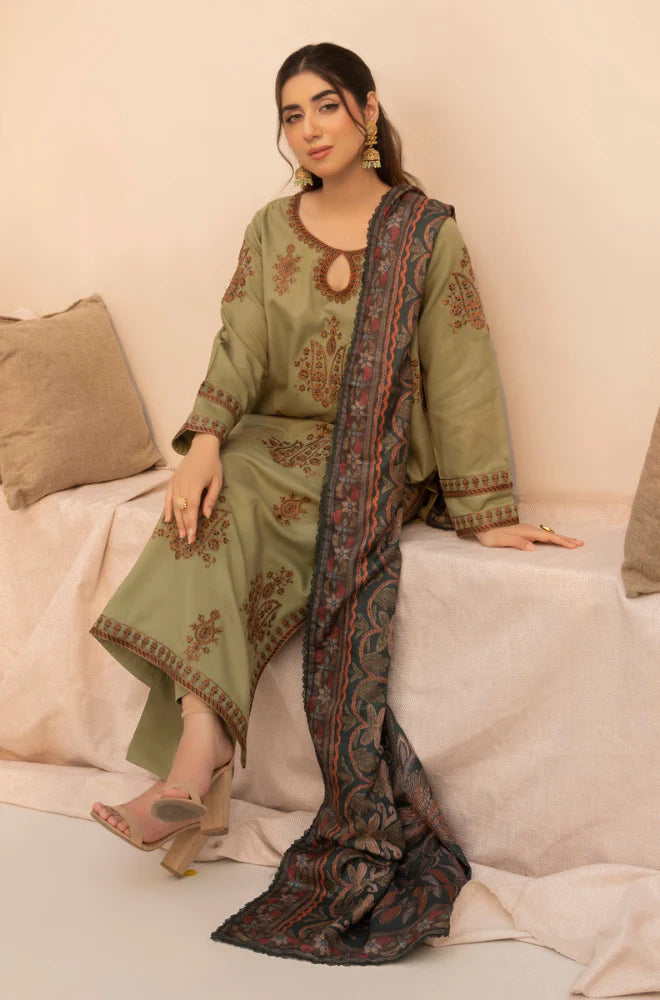 MOHAGNI.-3PC LAWN EMBROIDERED SHIRT WITH MONARK PRINT DUPATTA AND TROUSER-D-3579