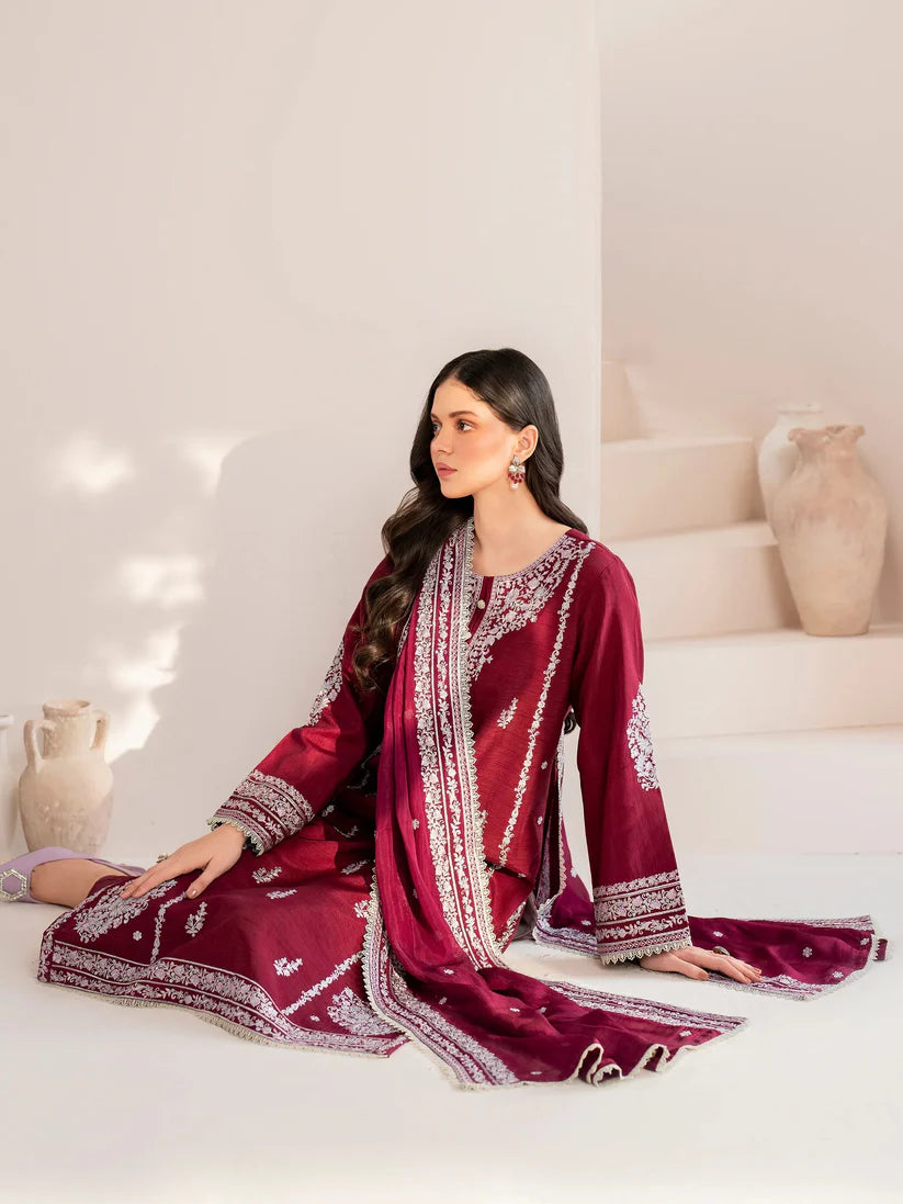 GARNET-3PC LAWN EMBROIDERED SHIRT WITH CHIFFON EMBROIDERED DUPATTA AND TROUSER-D-3554