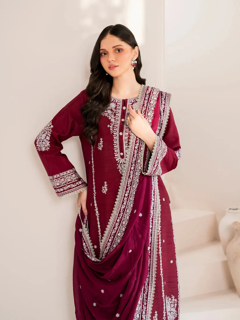 GARNET-3PC LAWN EMBROIDERED SHIRT WITH CHIFFON EMBROIDERED DUPATTA AND TROUSER-D-3554