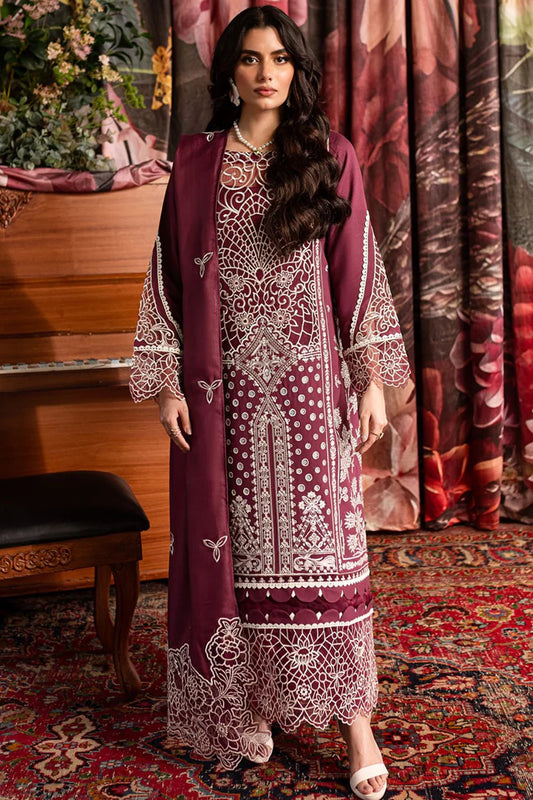 QALAMQAR-3PC CHIKANKAARI LAWN CUTWORK EMBROIDERED SHIRT WITH LAWN EMBROIDERED CUTWORK DUPATTA AND TROUSER-D-3642