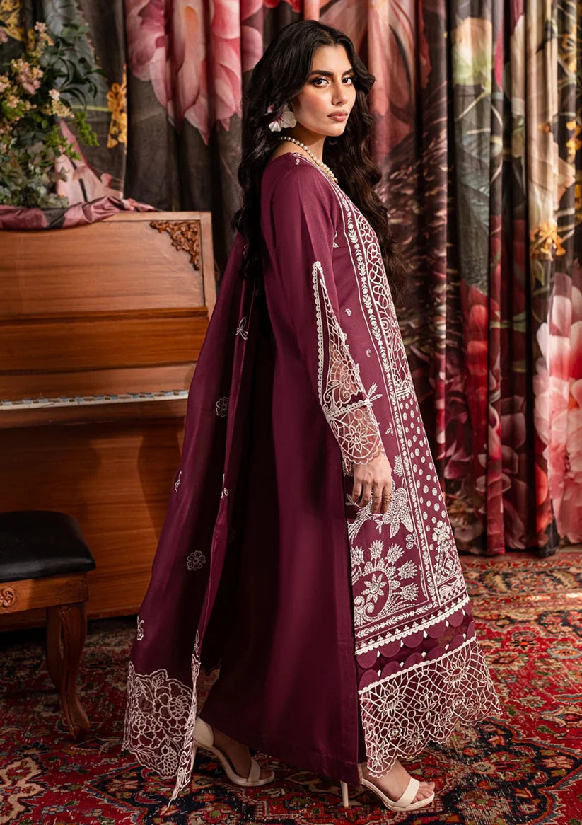 QALAMQAR-3PC CHIKANKAARI LAWN CUTWORK EMBROIDERED SHIRT WITH LAWN EMBROIDERED CUTWORK DUPATTA AND TROUSER-D-3642