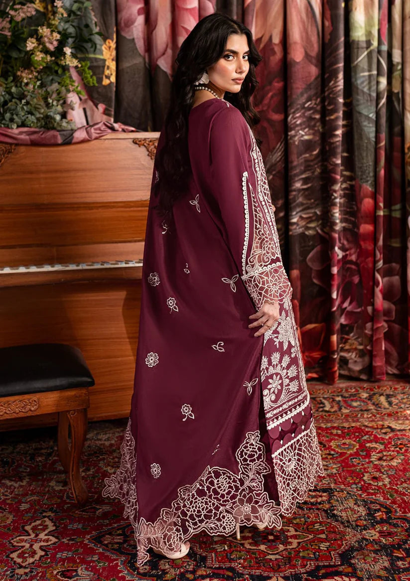QALAMQAR-3PC CHIKANKAARI LAWN CUTWORK EMBROIDERED SHIRT WITH LAWN EMBROIDERED CUTWORK DUPATTA AND TROUSER-D-3642