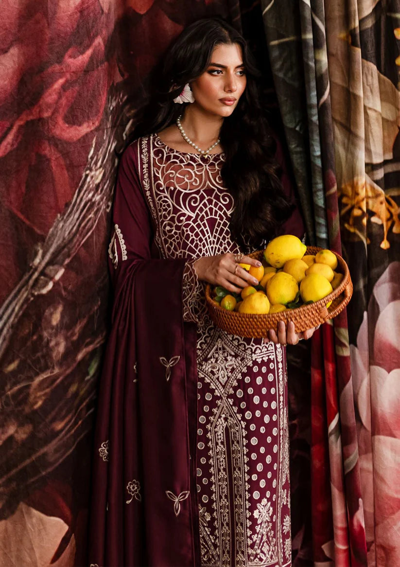 QALAMQAR-3PC CHIKANKAARI LAWN CUTWORK EMBROIDERED SHIRT WITH LAWN EMBROIDERED CUTWORK DUPATTA AND TROUSER-D-3642
