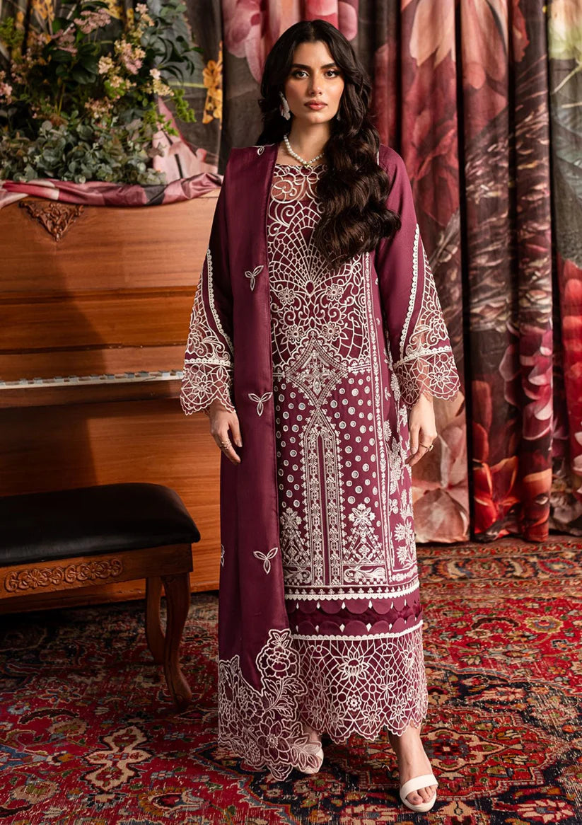 QALAMQAR-3PC CHIKANKAARI LAWN CUTWORK EMBROIDERED SHIRT WITH LAWN EMBROIDERED CUTWORK DUPATTA AND TROUSER-D-3642