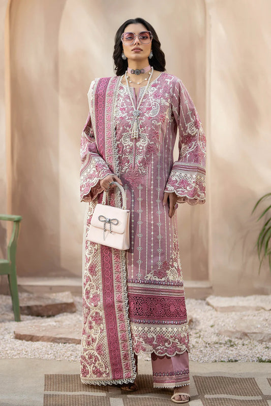 QALAMQAR-3PC CHIKANKAARI LAWN CUTWORK EMBROIDERED SHIRT WITH NET EMBROIDERED CUTWORK DUPATTA AND TROUSER-D-3599