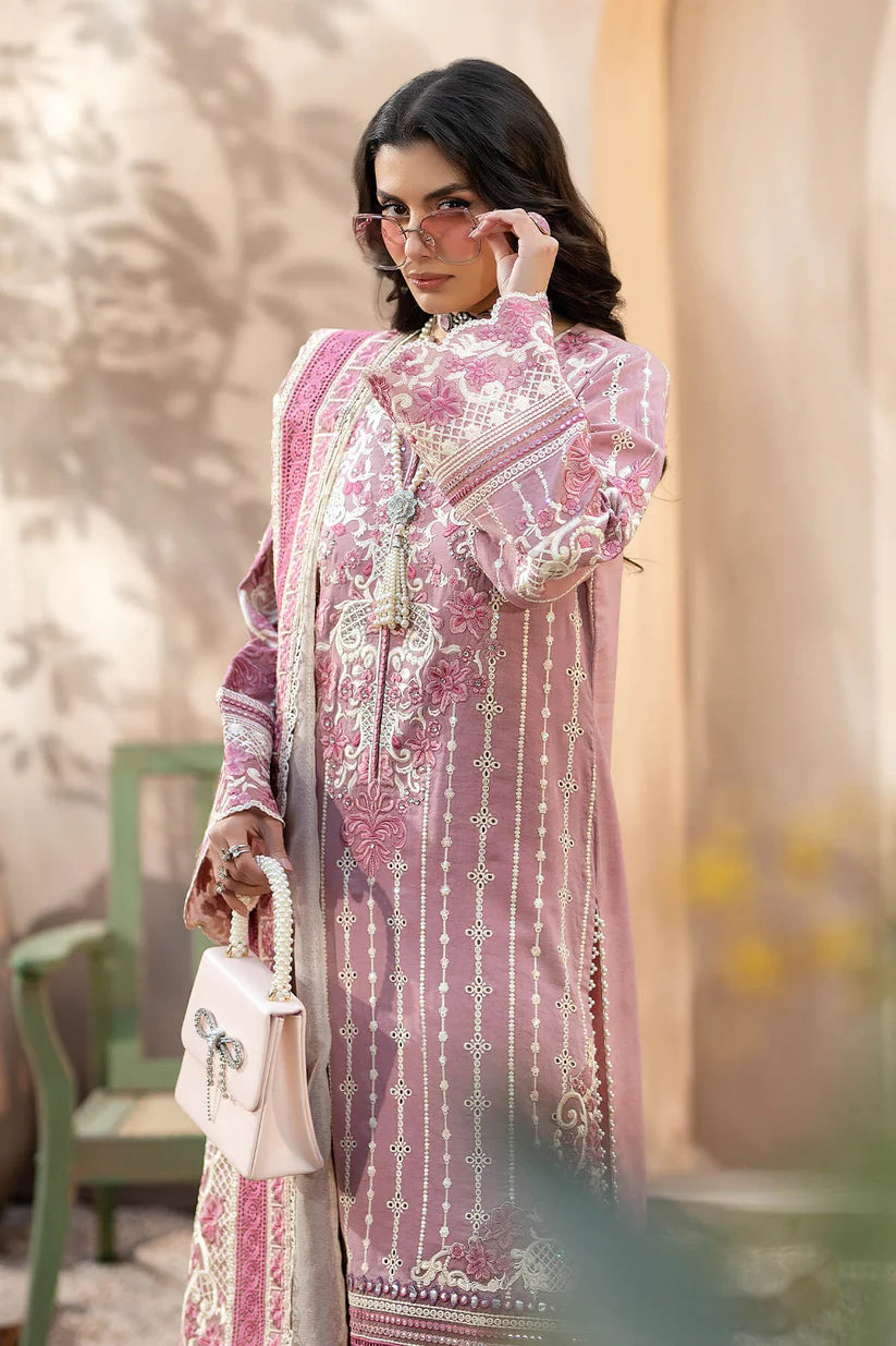 QALAMQAR-3PC CHIKANKAARI LAWN CUTWORK EMBROIDERED SHIRT WITH NET EMBROIDERED CUTWORK DUPATTA AND TROUSER-D-3599
