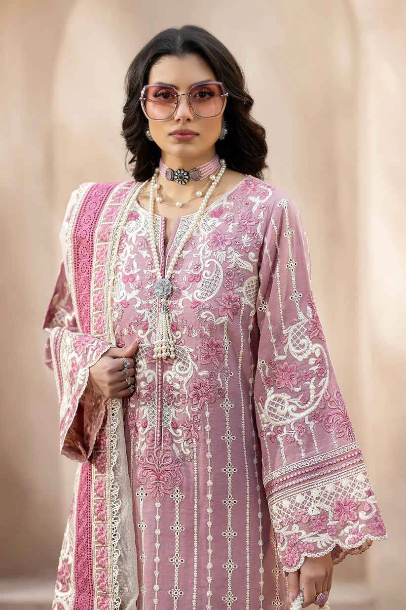 QALAMQAR-3PC CHIKANKAARI LAWN CUTWORK EMBROIDERED SHIRT WITH NET EMBROIDERED CUTWORK DUPATTA AND TROUSER-D-3599