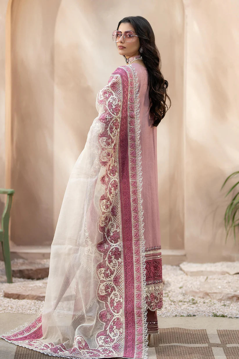 QALAMQAR-3PC CHIKANKAARI LAWN CUTWORK EMBROIDERED SHIRT WITH NET EMBROIDERED CUTWORK DUPATTA AND TROUSER-D-3599