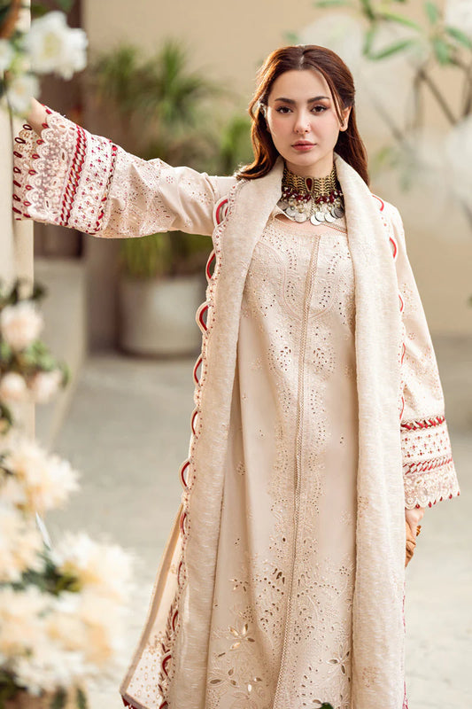 QALAMQAR-3PC CHIKANKAARI LAWN CUTWORK EMBROIDERED SHIRT WITH MANAAR EMBROIDERED CUTWORK DUPATTA AND TROUSER-D-3654