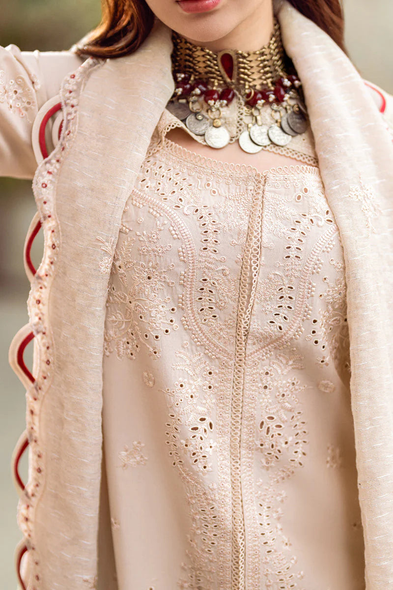 QALAMQAR-3PC CHIKANKAARI LAWN CUTWORK EMBROIDERED SHIRT WITH MANAAR EMBROIDERED CUTWORK DUPATTA AND TROUSER-D-3654