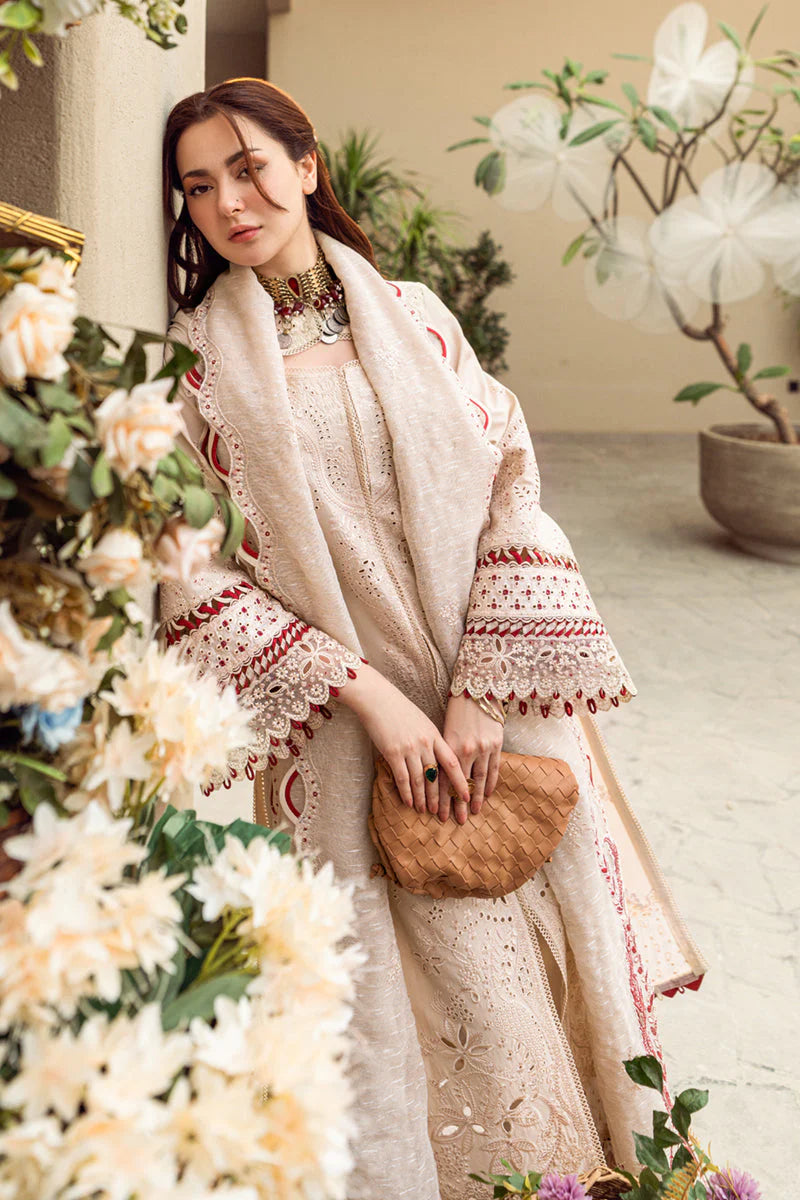 QALAMQAR-3PC CHIKANKAARI LAWN CUTWORK EMBROIDERED SHIRT WITH MANAAR EMBROIDERED CUTWORK DUPATTA AND TROUSER-D-3654
