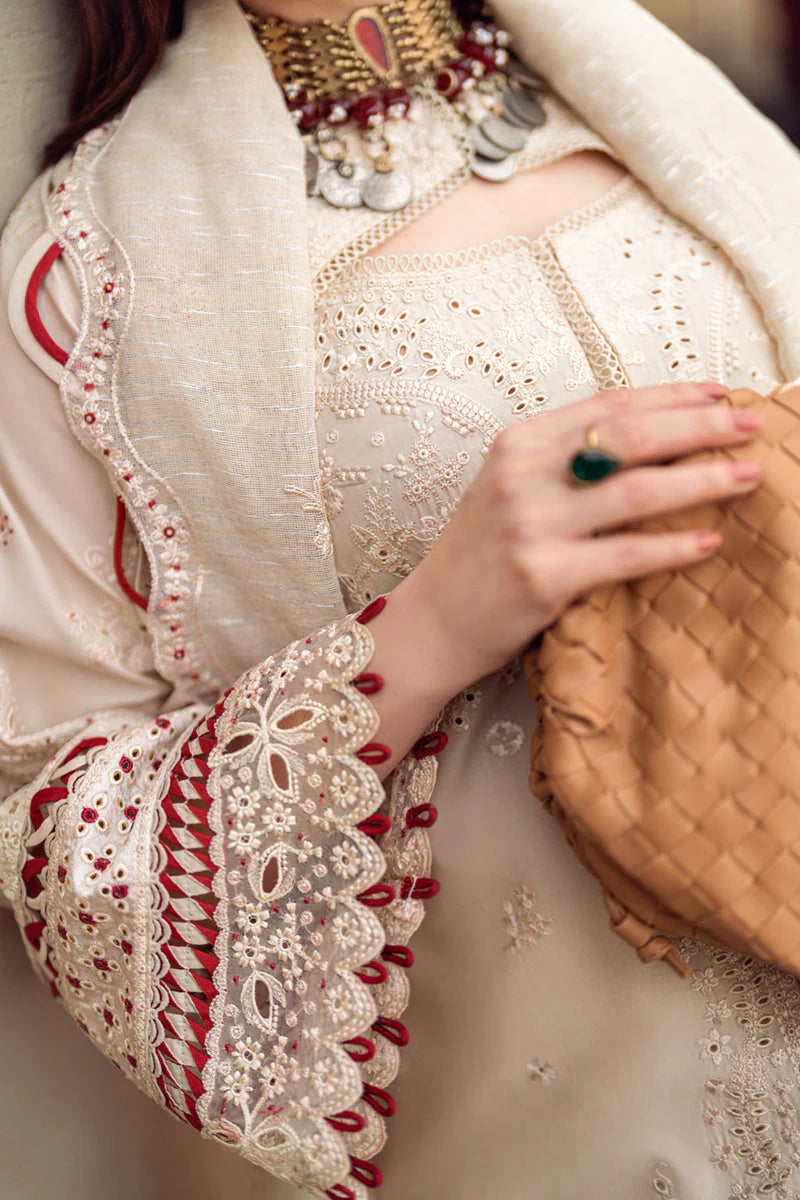 QALAMQAR-3PC CHIKANKAARI LAWN CUTWORK EMBROIDERED SHIRT WITH MANAAR EMBROIDERED CUTWORK DUPATTA AND TROUSER-D-3654