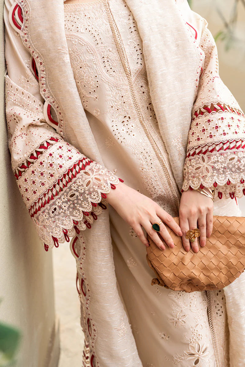 QALAMQAR-3PC CHIKANKAARI LAWN CUTWORK EMBROIDERED SHIRT WITH MANAAR EMBROIDERED CUTWORK DUPATTA AND TROUSER-D-3654