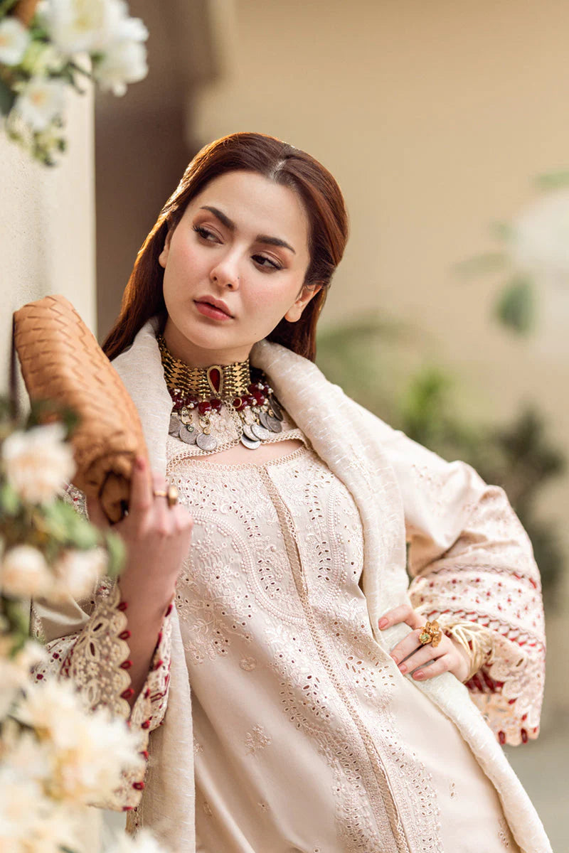 QALAMQAR-3PC CHIKANKAARI LAWN CUTWORK EMBROIDERED SHIRT WITH MANAAR EMBROIDERED CUTWORK DUPATTA AND TROUSER-D-3654