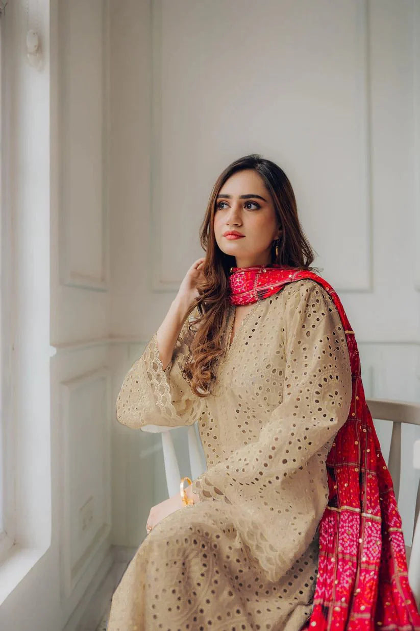 MARIA B-3PC CHIKANKARI LAWN EMBROIDERED SHIRT WITH CHUNRI PRINT DUPATTA AND TROUSER-D-4051