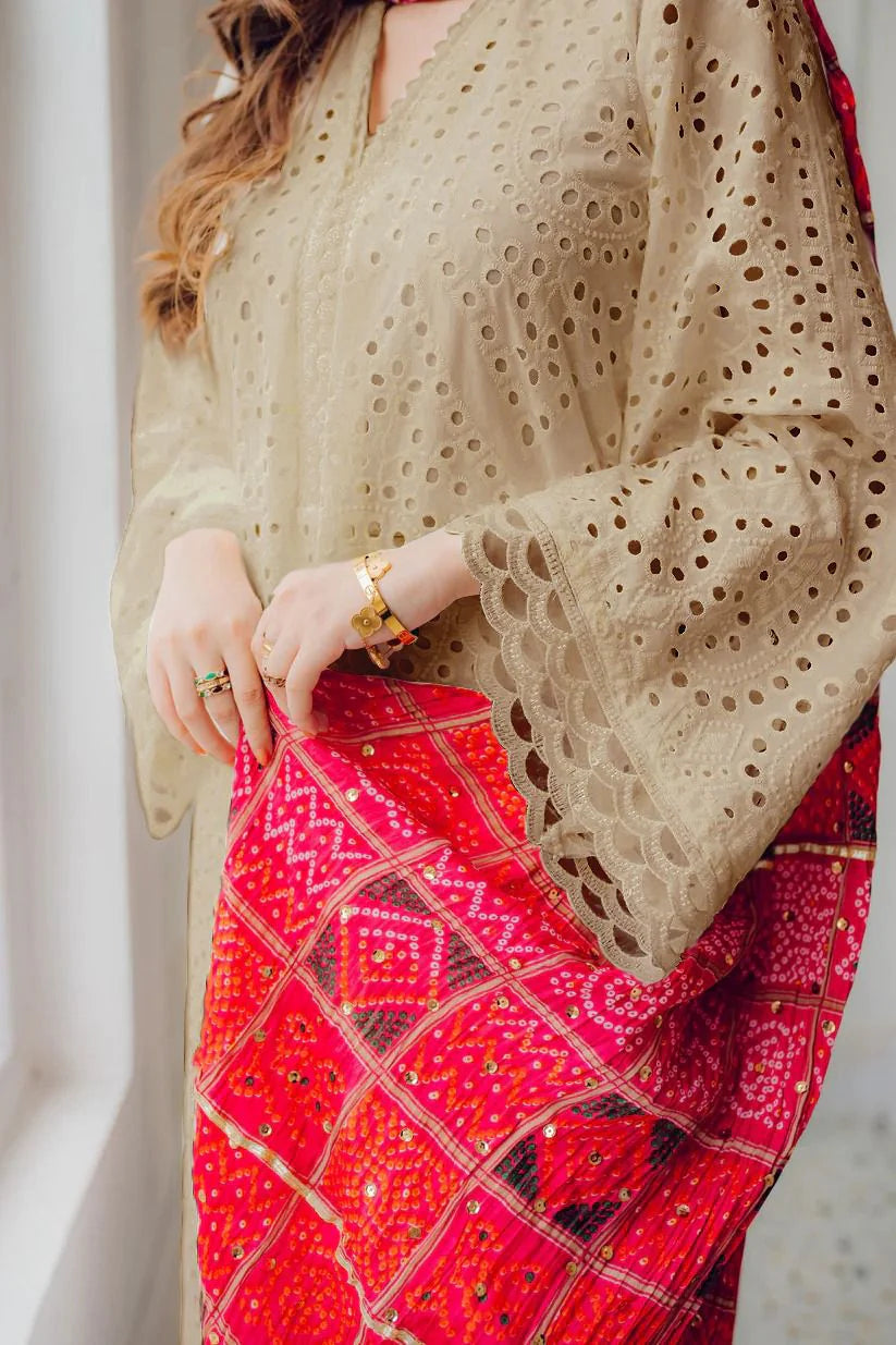 MARIA B-3PC CHIKANKARI LAWN EMBROIDERED SHIRT WITH CHUNRI PRINT DUPATTA AND TROUSER-D-4051