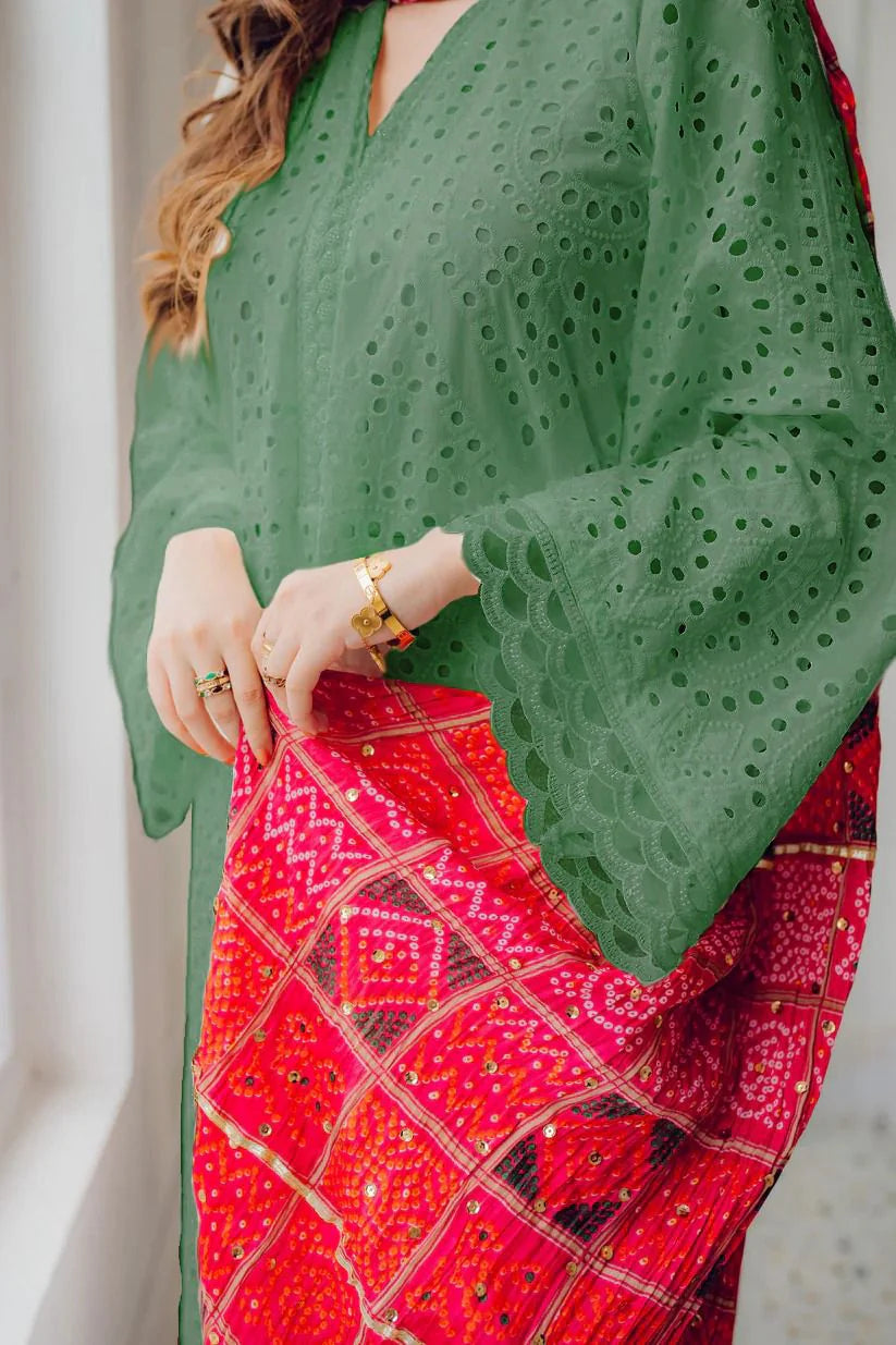 MARIA B-3PC CHIKANKARI LAWN EMBROIDERED SHIRT WITH CHUNRI PRINT DUPATTA AND TROUSER-D-4051