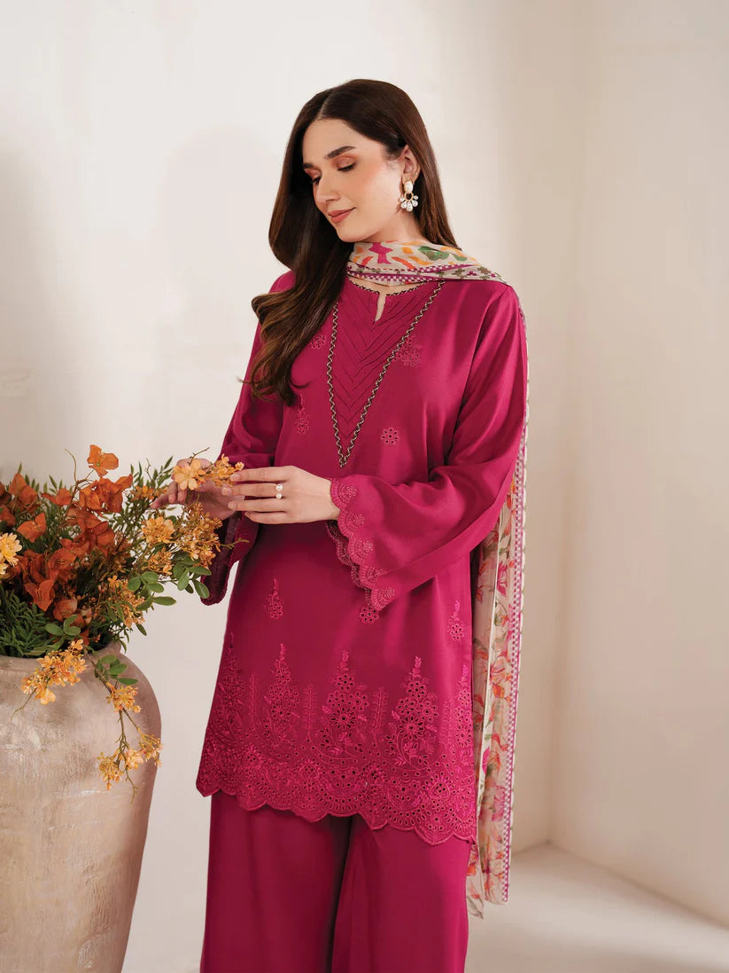 GARNET-3PC LAWN EMBROIDERED SHIRT WITH MONARK PRINT DUPATTA AND EMB TROUSER-D-3660