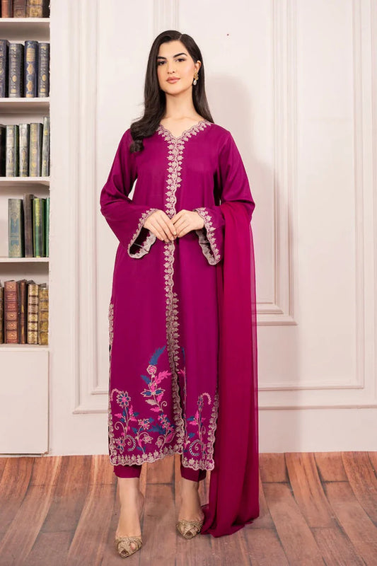 Asim Jofa-Lawn 3pc Embroidered Shirt With Bamber Chiffon Dupatta & Trouser-D-3567