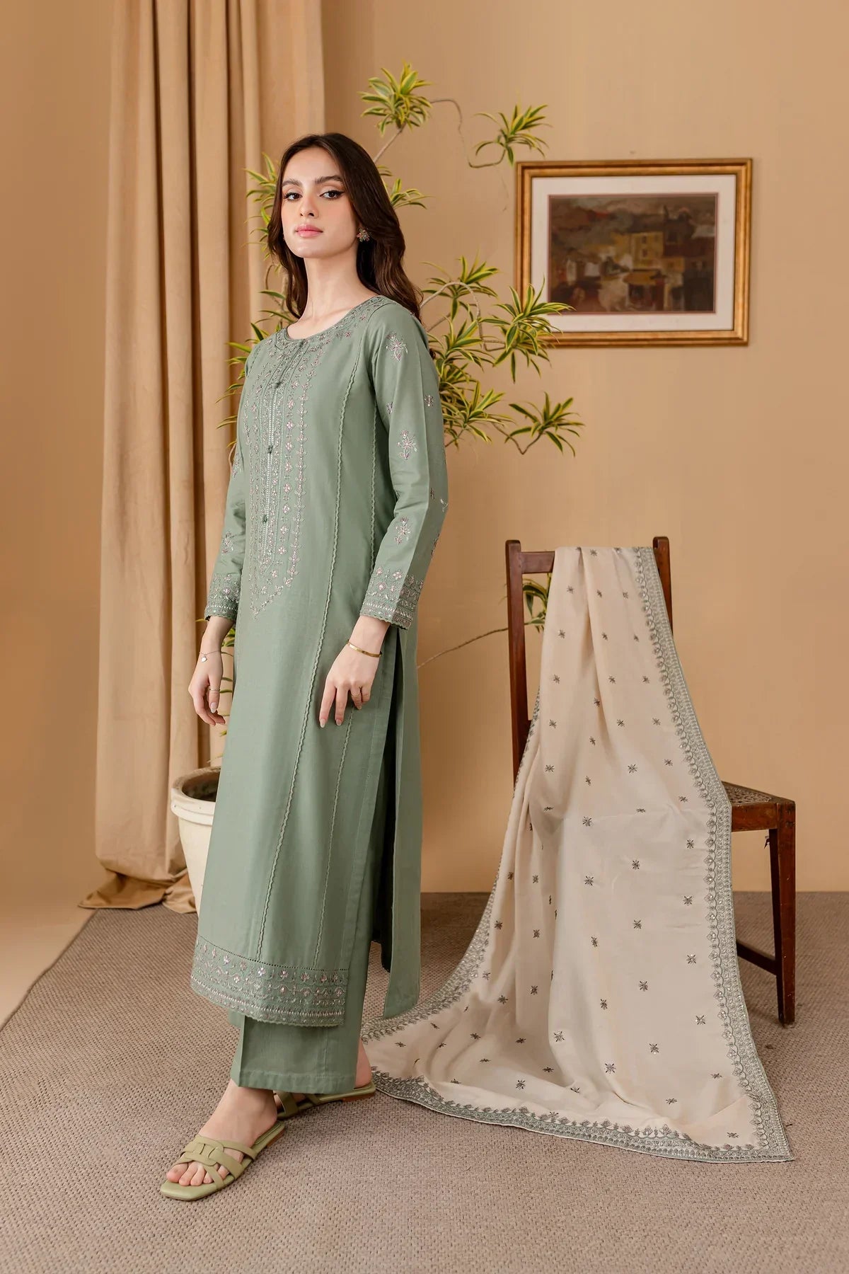 BATIK - 3PC DHANAK EMBROIDERED SHIRT WITH DHANKEMBROIDERED DUPATTA AND TROUSER