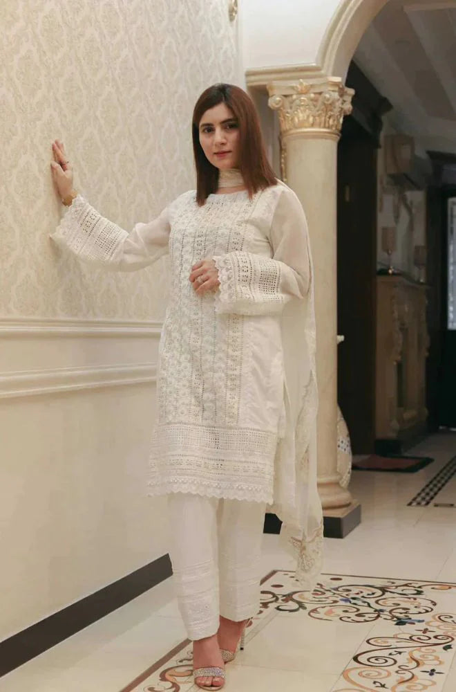 Nisa - 3PC Lawn Chicken Kari Embroidered Shirt with Self Embroidered Dupatta and Lawn Trousers