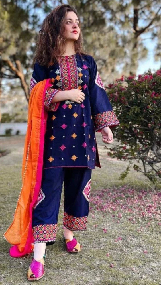 MARIA B- 3PC LAWN HEAVY EMBROIDERED SHIRT WITH BAMBER CHIFFON DUPATTA-D-3504