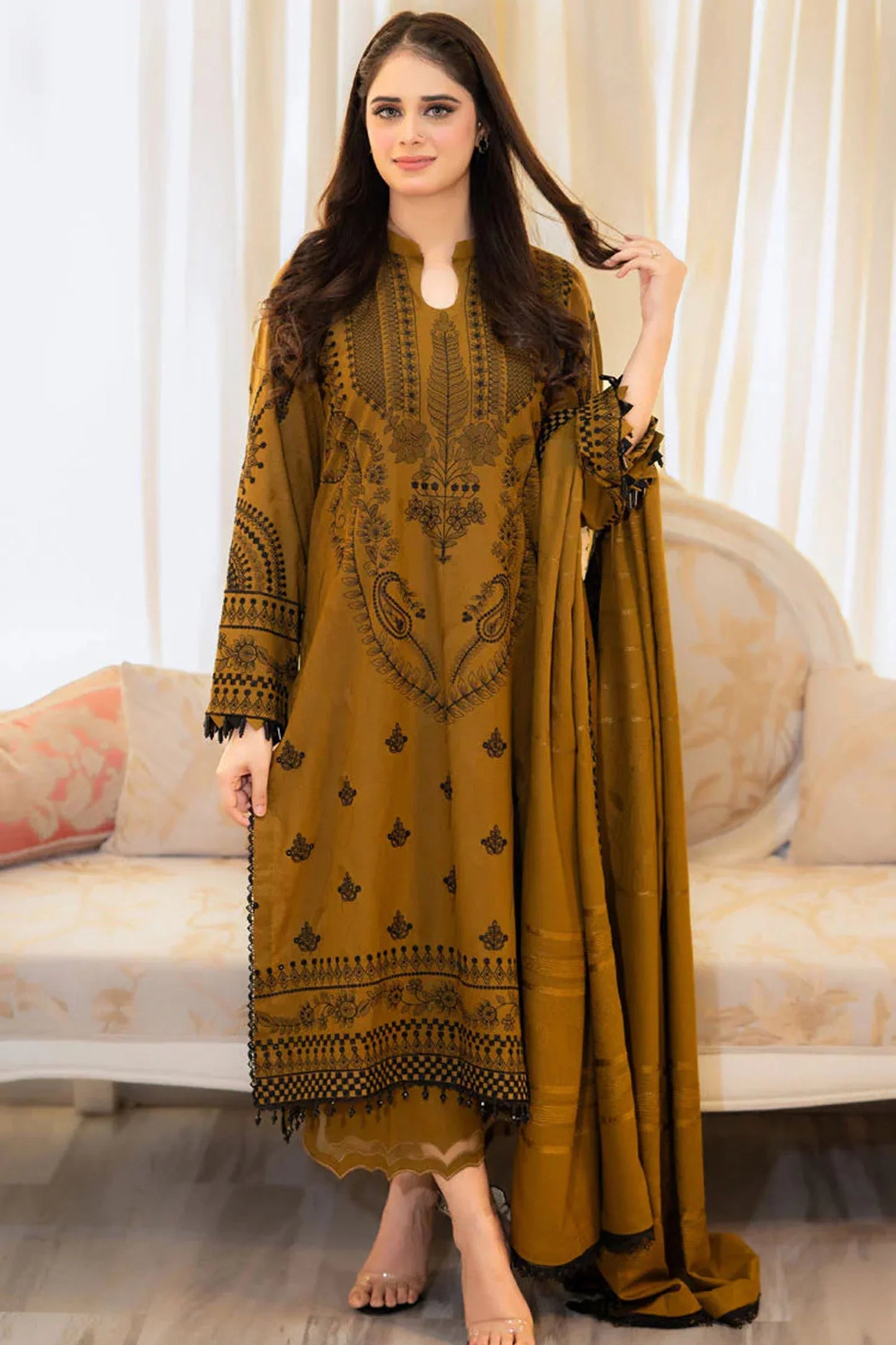 LIBAAS-3PC DHANAK EMBROIDERED SHIRT WITH DHANAK EMBROIDERED SHAWL & EMB TROUSER (UNSTITCHED)