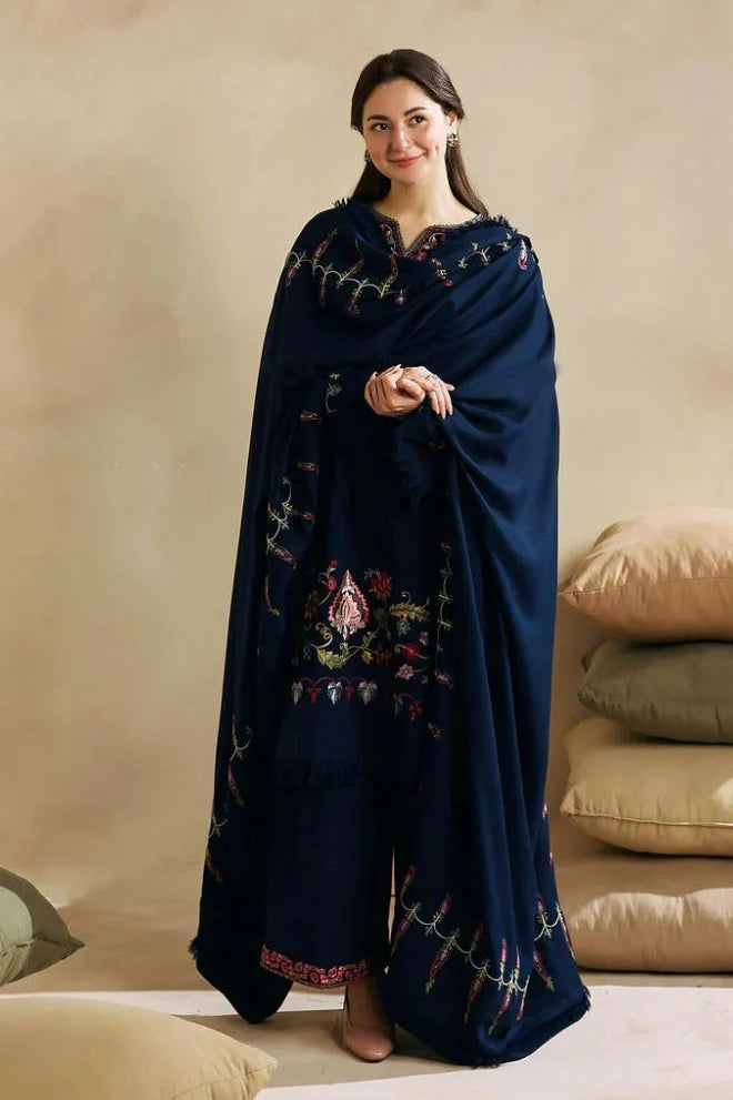 BAKHIYA - 3PC DHANAK EMBROIDERED SHIRT WITH CUTWORK DHANAK EMBROIDERED SHAWL AND TROUSER - HZG1977