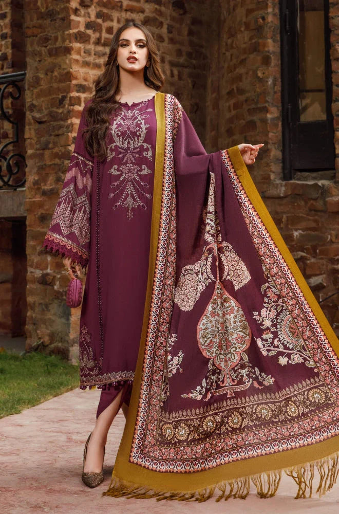 Maria B - 3PC Unstitched Dhanak Embroidered Shirt with Printed Shawl and Trouser