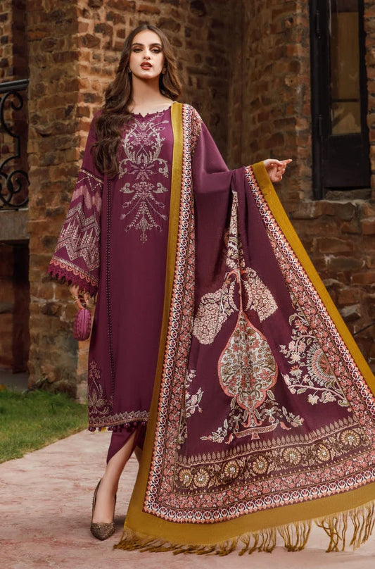Maria B - 3PC Unstitched Dhanak Embroidered Shirt with Printed Shawl and Trouser