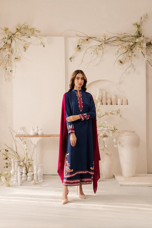 Vintage - 3PC DHANAK EMBROIDERED SHIRT WITH DHANAK SHAWL AND TROUSER (Unstitched)