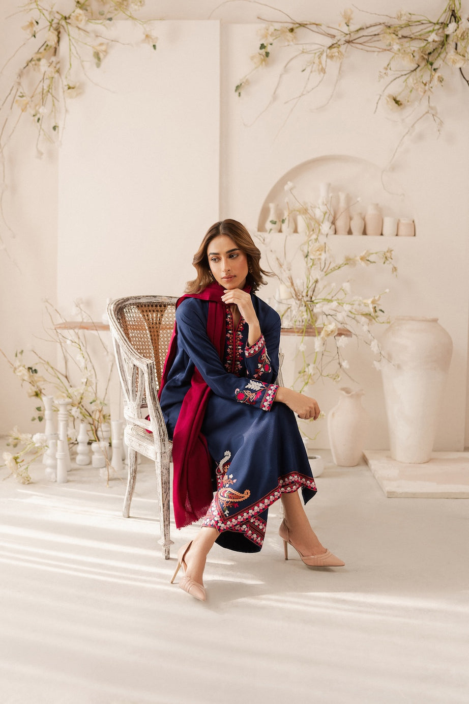 Vintage - 3PC DHANAK EMBROIDERED SHIRT WITH DHANAK SHAWL AND TROUSER (Unstitched)