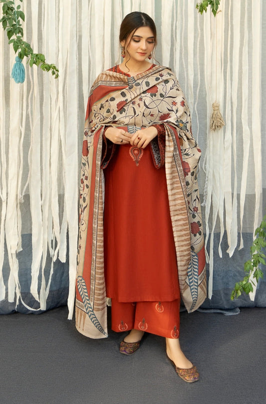 URGE - 3PC Unstitched Dhanak Embroidered Shirt with Digital Printed Pashmina Wool Shawl and Embroidered Trouser