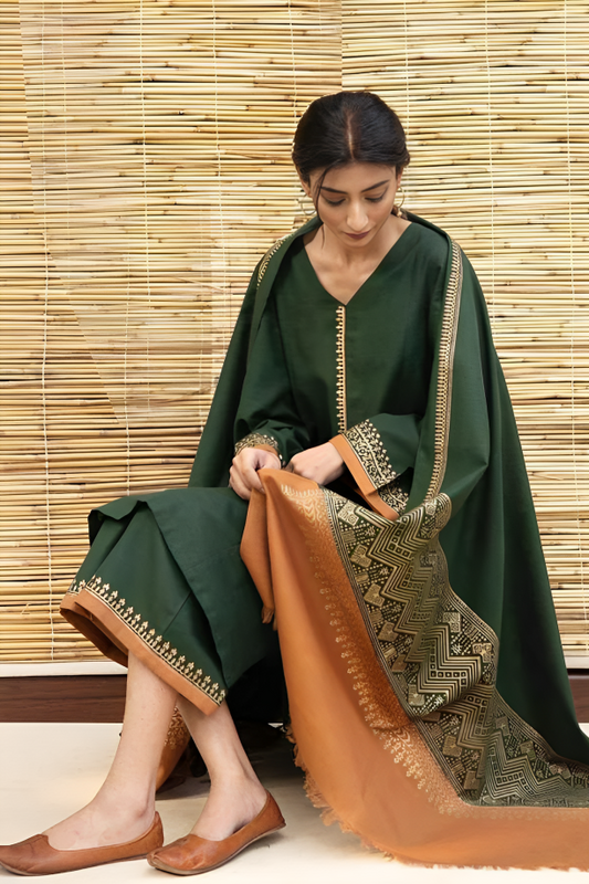 DYOT - 3PC Unstitched Dhanak Neckline Embroidered Shirt with Printed Wool Shawl and Trouser